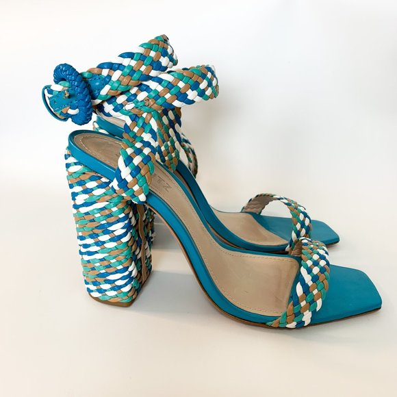 SCHUTZ blue braided block heel square toe sandal ankle wrap 38 - Picture 3 of 9